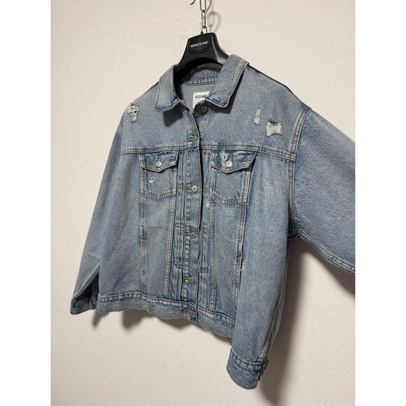 Old Navy Denim Jacket Womens 2XL Light Wash Distressed Trucker Button Front - Picture 6 of 11